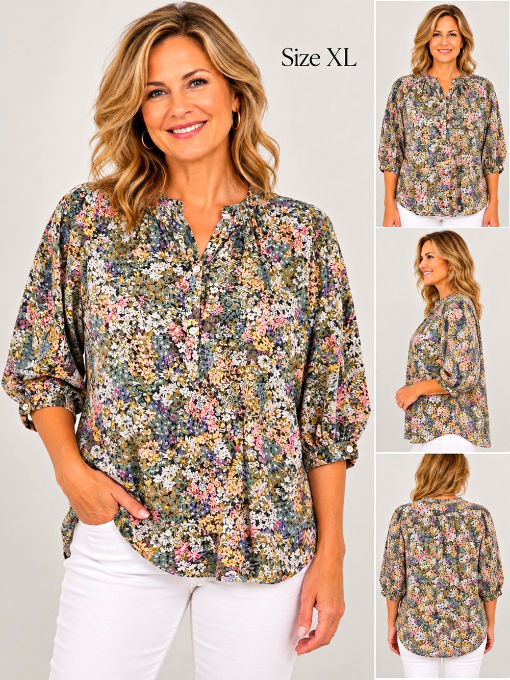 J. Jill Womens XL Multicolor Floral Woven Rayon Button Front 3/4 Sleeve Blouse